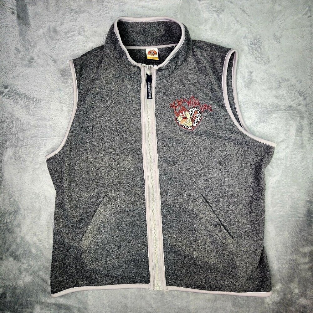 Looney Tunes Taz Vest Women XL Gray Fleece Zip Up Vintage Cartoon 90s Collection